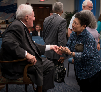 Theosophical Society - Stephan hoeller chats with Trân-Thi-Kim-Diêu of the French Section at the Summer National Convention in July 2016.
