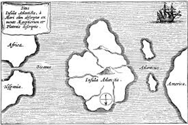 Theosophical Society - Map of Atlantis.  From Athanasius Kircher’s Mundus Subterraneus.  The island of Atlantis now submerged into the sea.