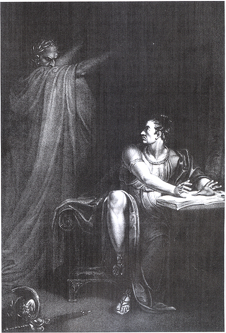 Theosophical Society - The ghost of Caesar taunts Brutus about his imminent defeat. (Engraving by Edward Scriven, from a painting by Richard Westall based on Shakespeare’s Julius Caesar, act 4, scene 3, London, 1802. Wikipedia.